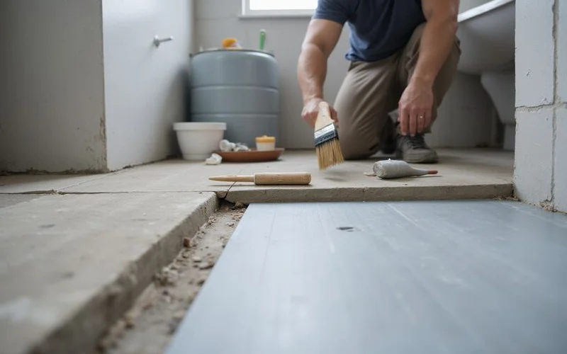 A tiler applying waterproof membrane to a bathroom floor before laying tiles, a key step in a Klang Valley bathroom renovation