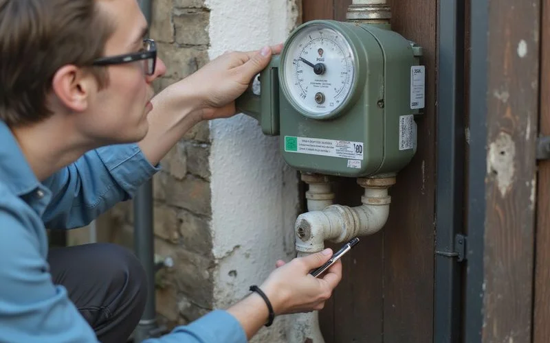A new homeowner checking the water meter reading in a Klang Valley apartment as part of a plumbing move-in checklist