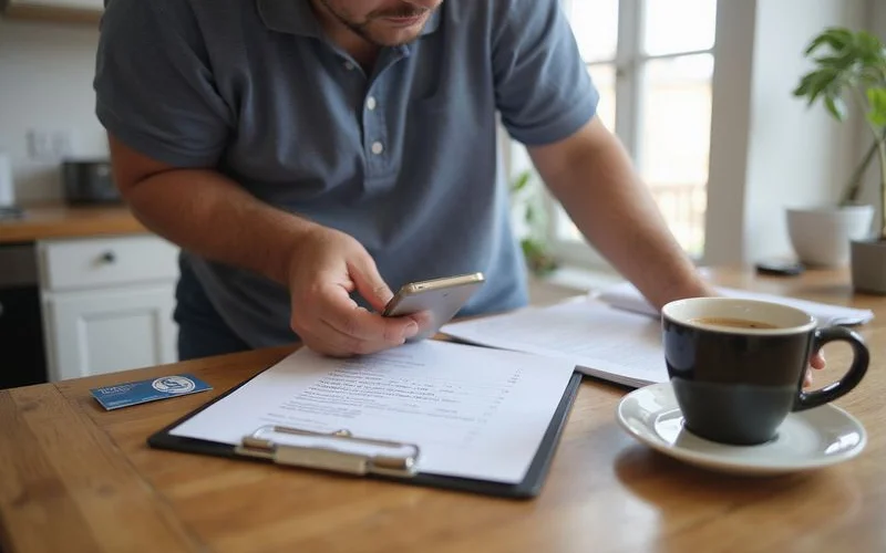A homeowner in Petaling Jaya checking a plumber's written quote against a printed checklist of questions before agreeing to the job