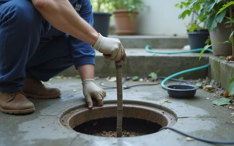 A plumber using a drain snake tool to clear a blocked kitchen sink pipe in a Klang Valley home, with cleaning tools laid out nearby