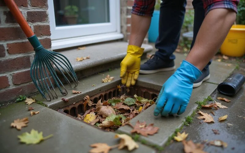A homeowner clearing leaves and debris from a roof gutter and floor drain before the rainy season in Klang Valley