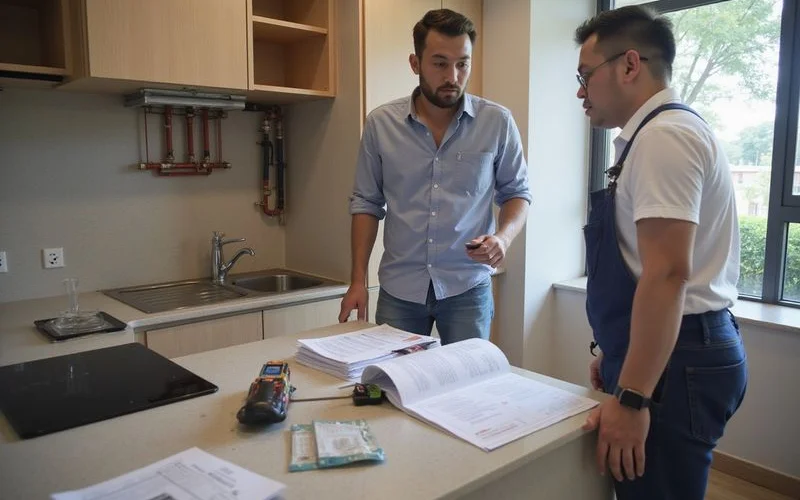 A condo resident reviewing renovation approval documents with a building management representative before starting bathroom plumbing work