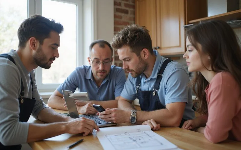 A building management representative and two neighbouring unit owners in a Klang Valley condo discussing a ceiling leak and its likely source