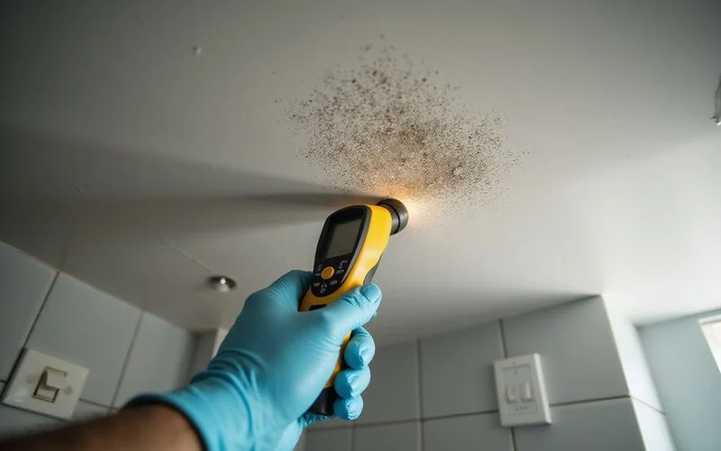 A homeowner inspecting a water-stained ceiling corner with a flashlight, checking for signs of mould linked to a hidden plumbing leak