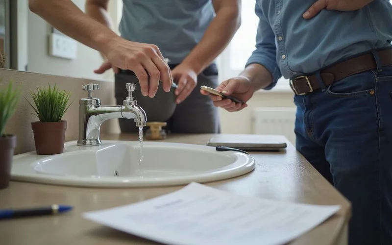 A tenant and a plumber reviewing a rental unit's plumbing issue together, with the tenant checking their tenancy agreement on a phone