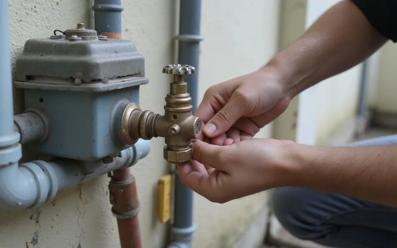 A homeowner shutting off the main water stopcock valve under a kitchen sink during a burst pipe emergency, with a bucket catching drips nearby