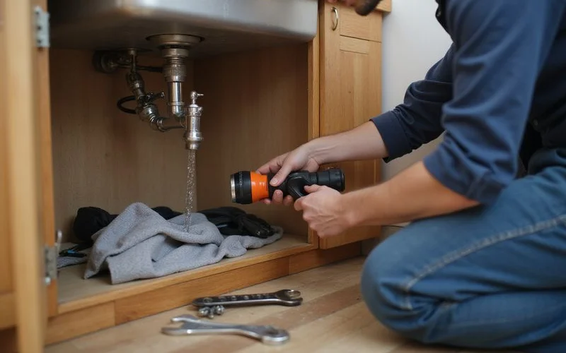 A plumber testing a repaired kitchen tap by running the water while the homeowner watches, checking for leaks before finishing the job