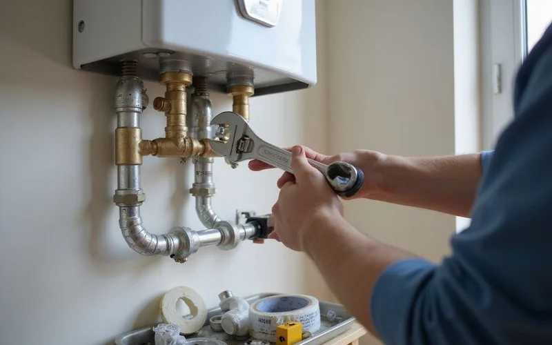 A plumber installing a new instant electric water heater on a bathroom wall in a Klang Valley apartment, checking the wiring connection carefully