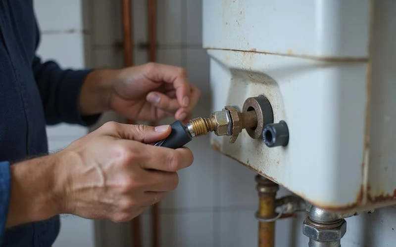 A technician checking a wall-mounted gas water heater's ventilation and connections during a routine safety inspection