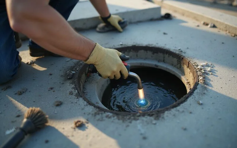 A close-up of a rooftop water tank inspection hatch being opened by a technician wearing gloves, checking for sediment and tank condition